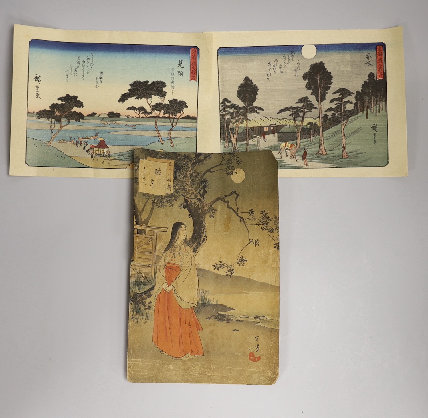 Three Japanese woodblock prints, two after Hiroshige